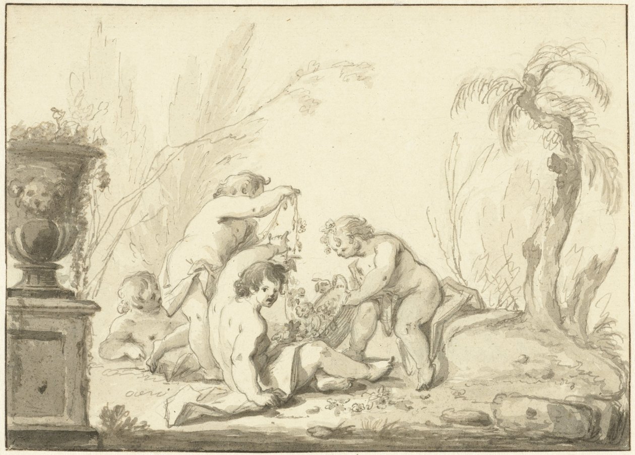 Allegorisk repræsentation med børn med en kurv med blomster af Johann Heinrich Keller (II)