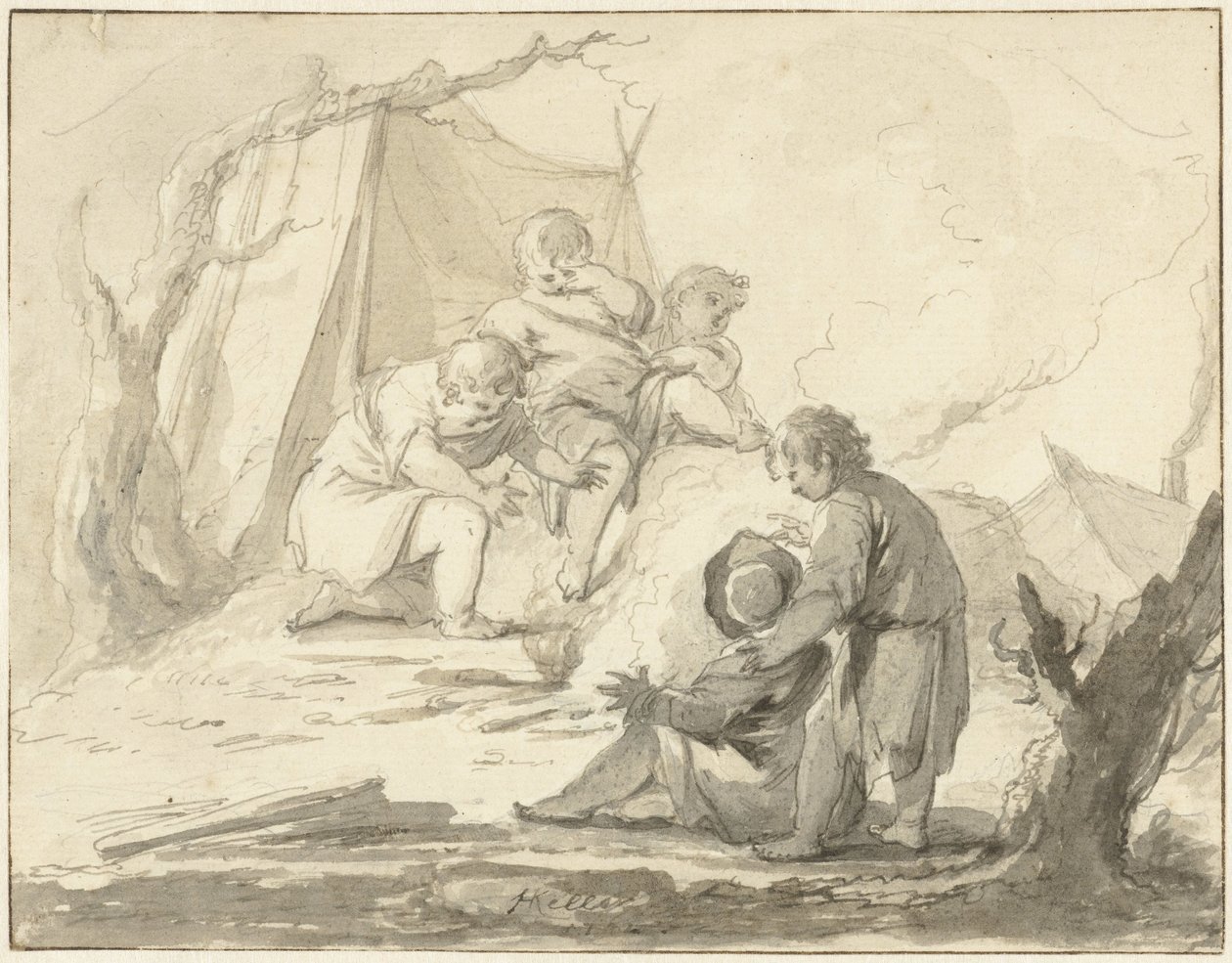 Allegorisk fremstilling med børn omkring et bål af Johann Heinrich Keller (II)