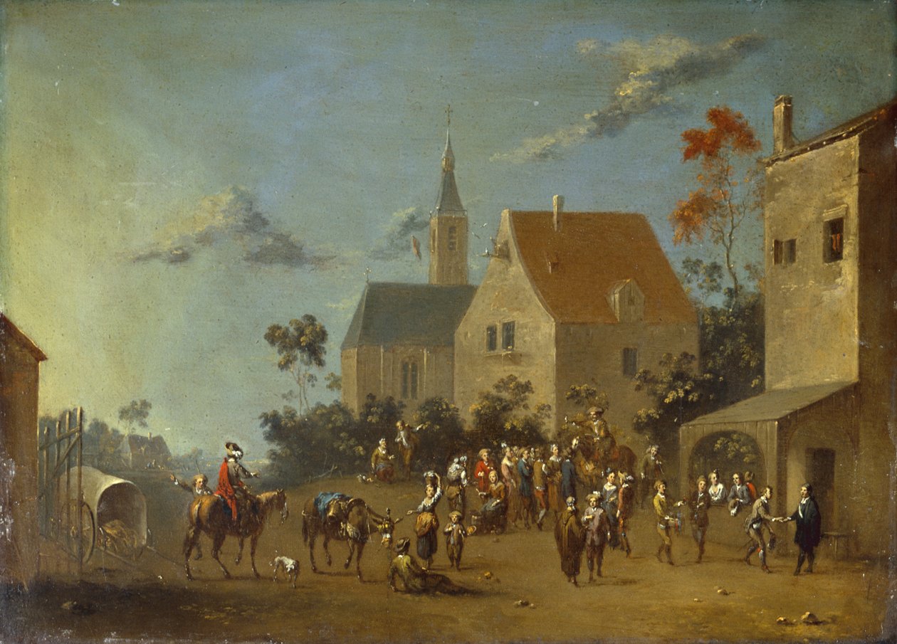 Bønder samles i en landsby (olie på metal) af Johann Heinrich Keller