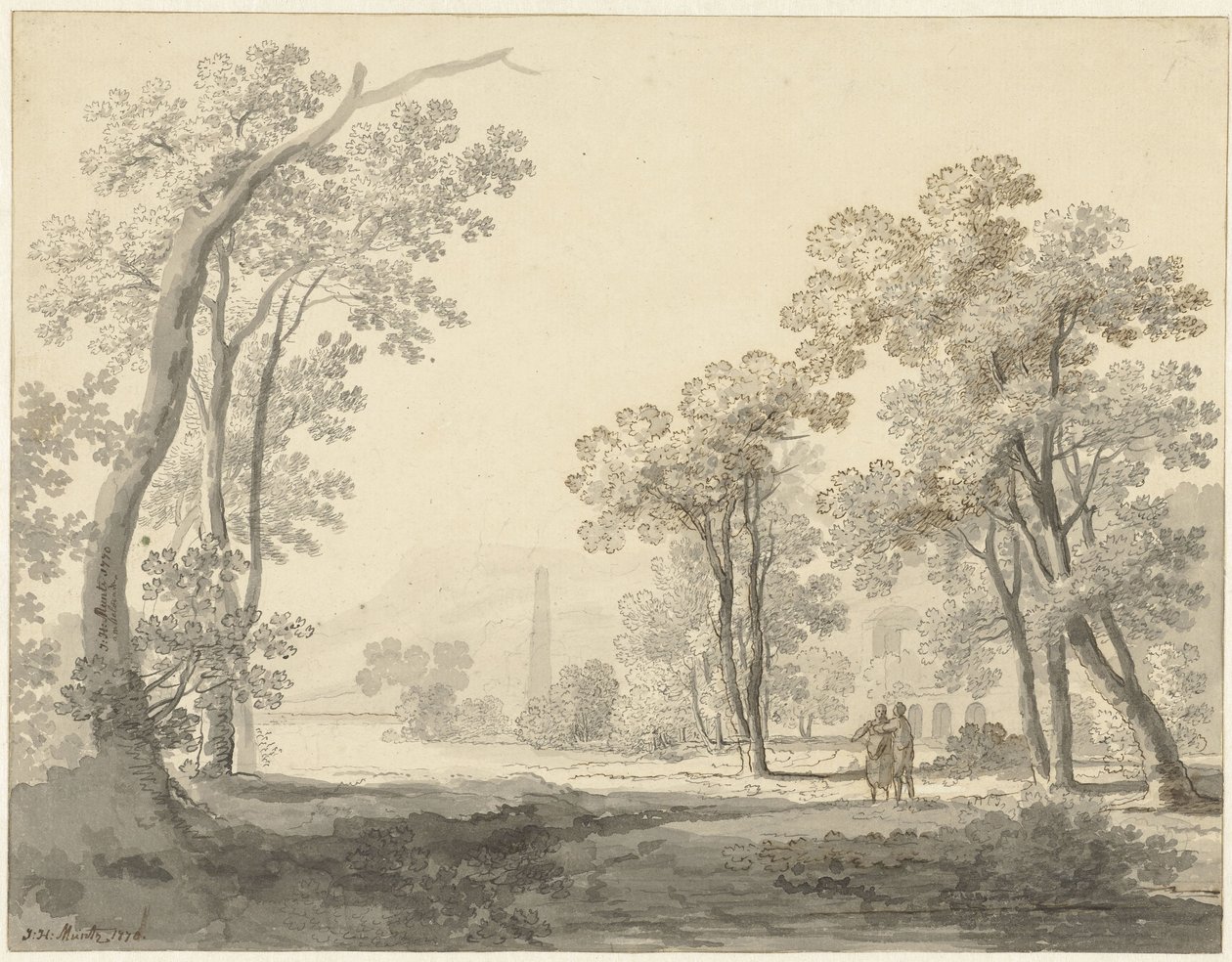 Landskab med to figurer til højre af Johann Heinrich Muntz