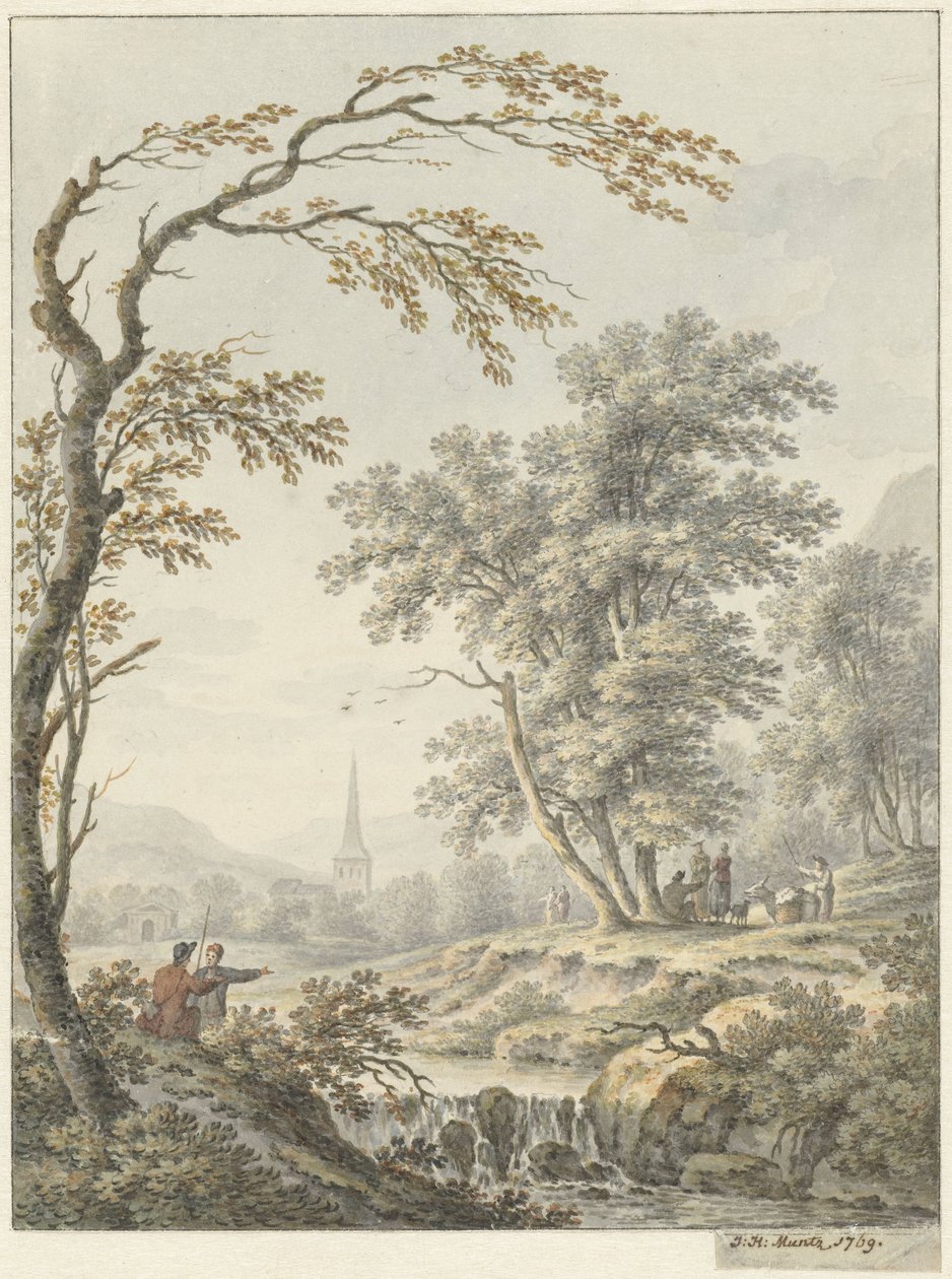 Landskab med et vandfald og en kirke i det fjerne af Johann Heinrich Muntz