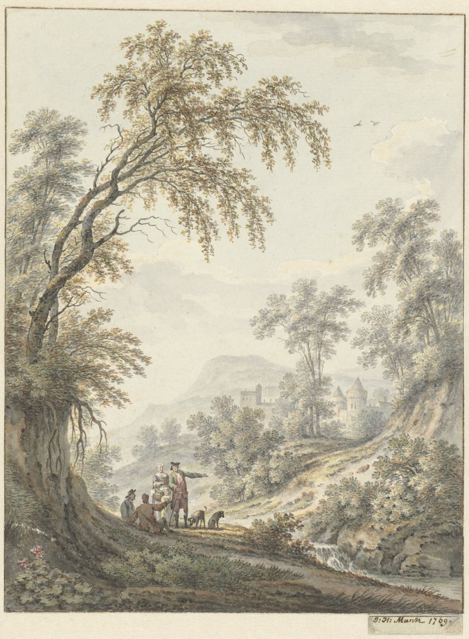Landskab med et vandfald og et slot i det fjerne af Johann Heinrich Muntz