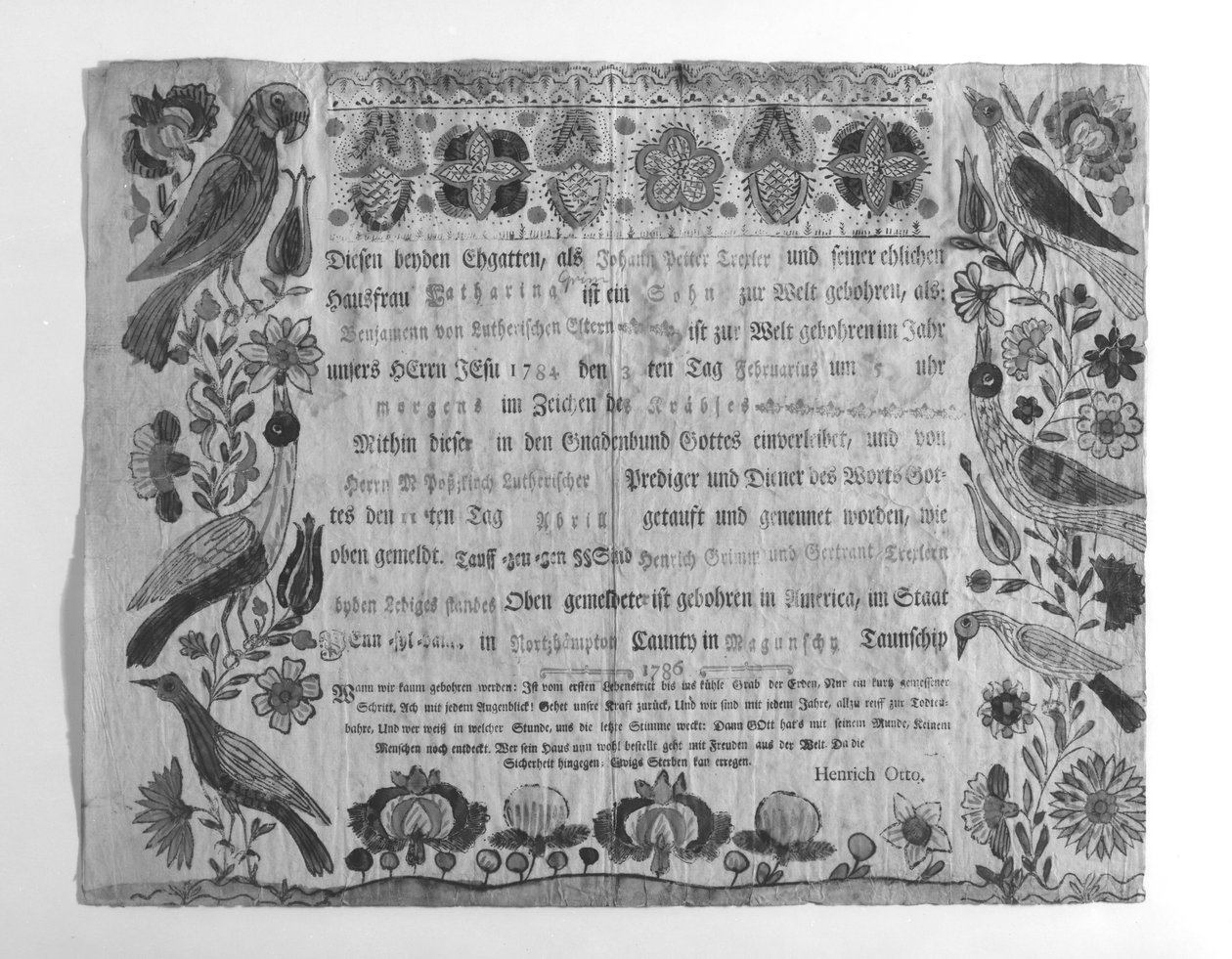 Fødsels- og dåbsattest, 1786. af Johann Heinrich Otto
