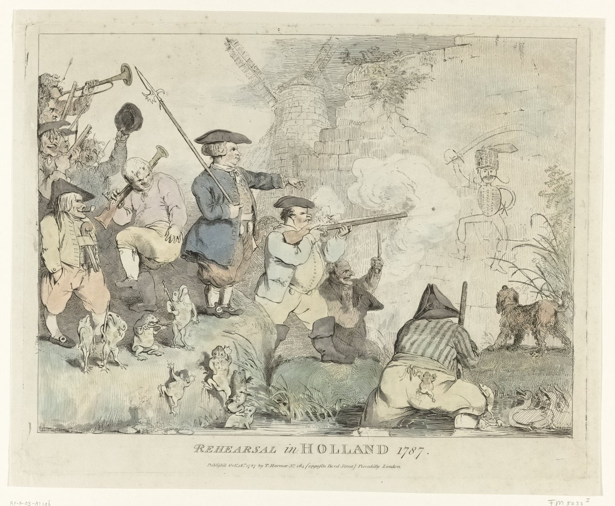 Øvelsen Genhør i Holland 1787 (titel på objekt) Fire engelske tegnefilm om patrioterne i 1787 (serietitel) af Johann Heinrich Ramberg
