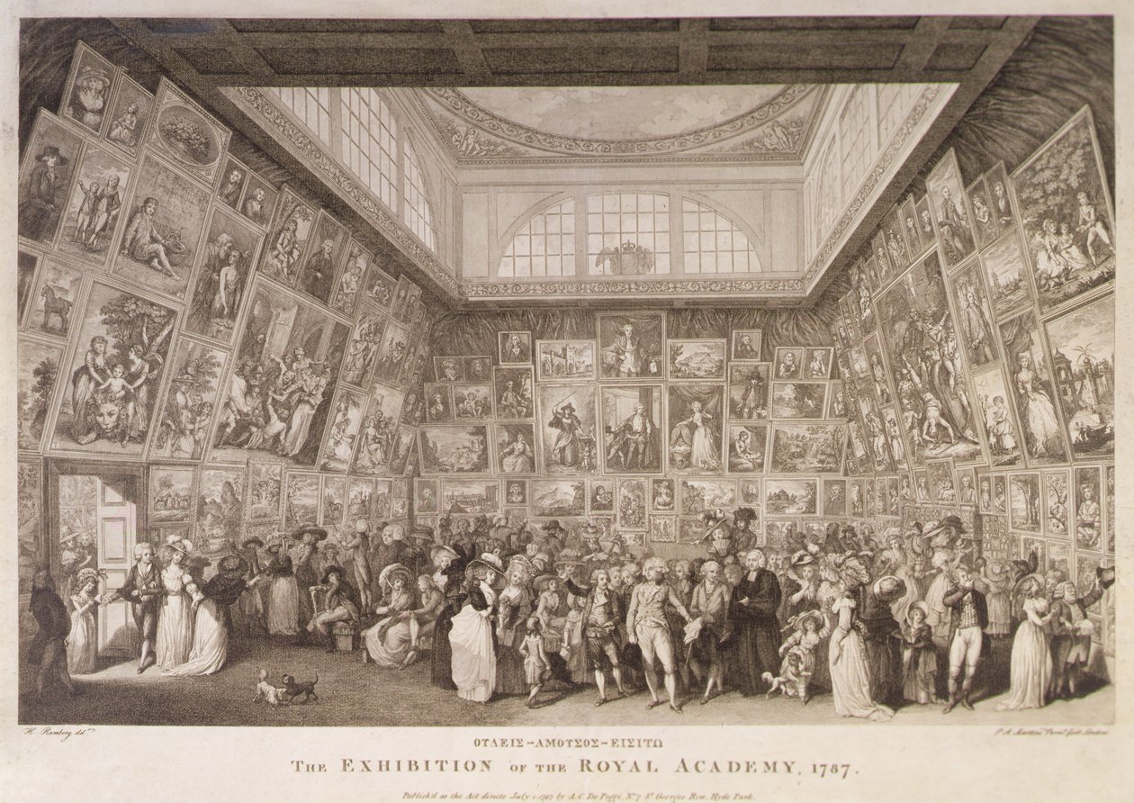 Indvendigt billede af Somerset House, der viser en udstilling fra Royal Academy of Arts i 1787 af Johann Heinrich Ramberg