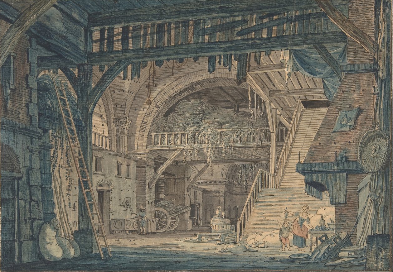 Scenografi af en gammel romersk ruin, der omdannes til en lade, slutningen af det 18.-midten af det 19. århundrede. af Johann Heinrich Ramberg