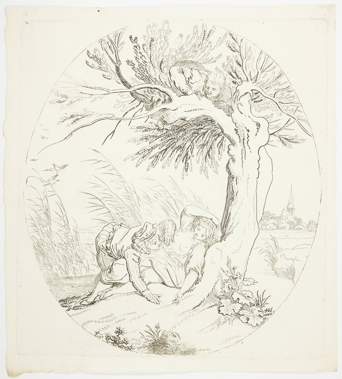 Uobserveret mand, der spionerer på tilbagelænede elskere af Johann Heinrich Ramberg