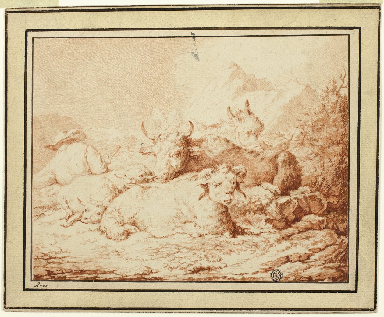 Kvæg og får med hyrde i klippelandskab af Johann Heinrich Roos