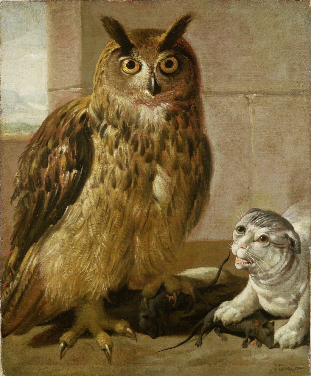 Ørneugle og kat med døde rotter af Johann Heinrich Roos
