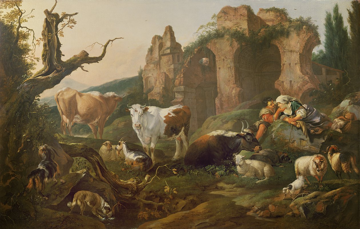 Husdyr i et landskab, 1685 af Johann Heinrich Roos