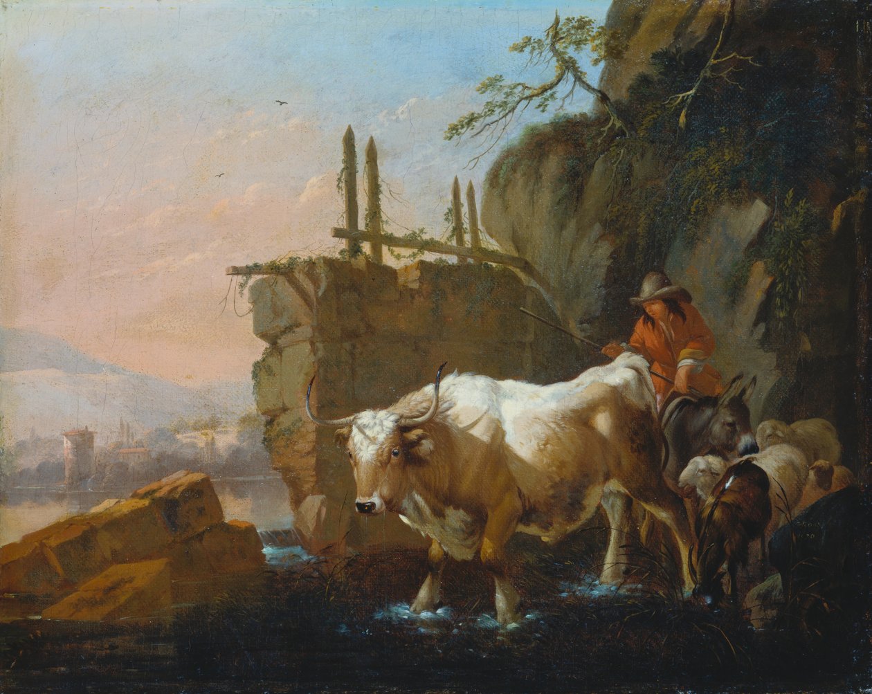 Hyrder driver kvæg gennem et vadested af Johann Heinrich Roos