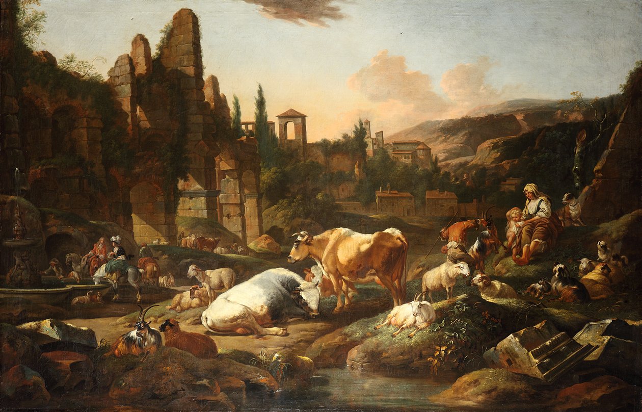 Italiensk landskab med kvæg af Johann Heinrich Roos