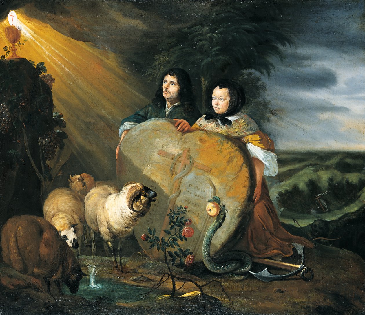 Selvportræt (?) med sin hustru og symboler på den kristne tro af Johann Heinrich Roos