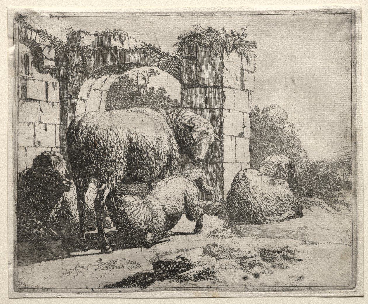 Får nær ruinerne af en bue af Johann Heinrich Roos