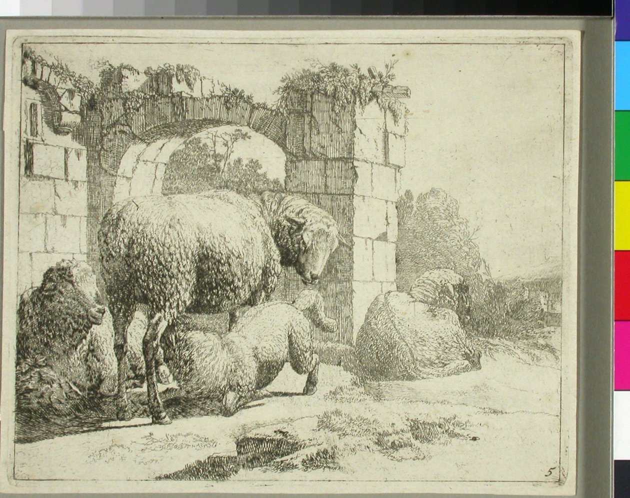 Får ved en forfalden port af Johann Heinrich Roos