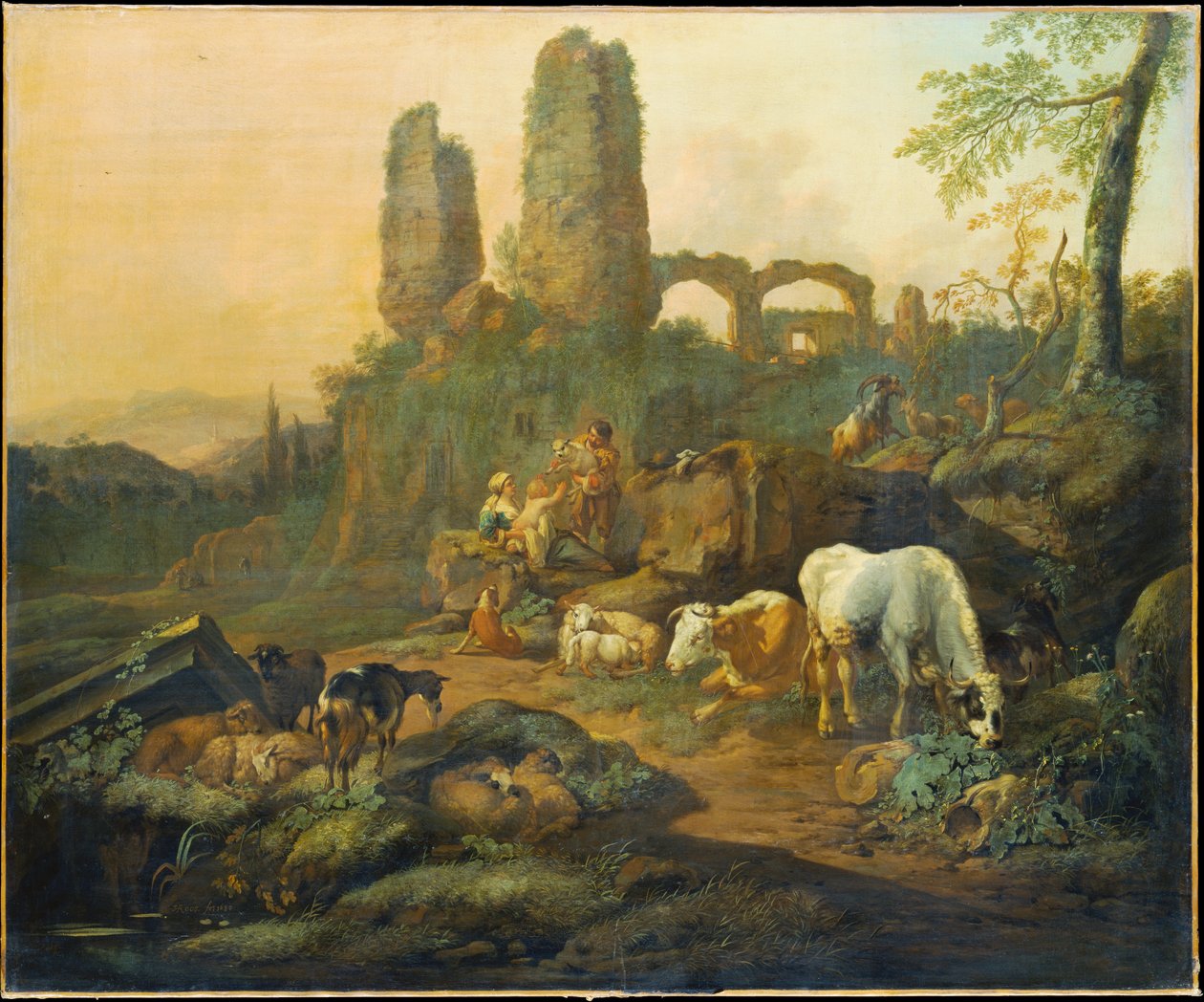 Hyrdefamilie, der hviler nær en antik ruin af Johann Heinrich Roos