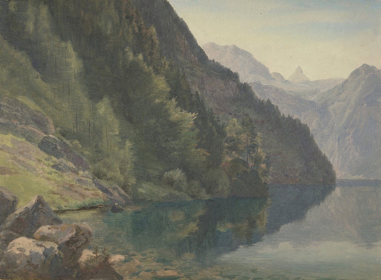 Skovklædt kyst ved Kongesøen Königsee, første halvdel af det 19. århundrede. af Johann Heinrich Schilbach