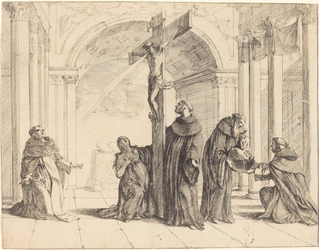 Et krucifiks i en kirke med de hellige Thomas Aquinas, Maria Magdalena, Albertus Magnus og andre af Johann Heinrich Schönfeld