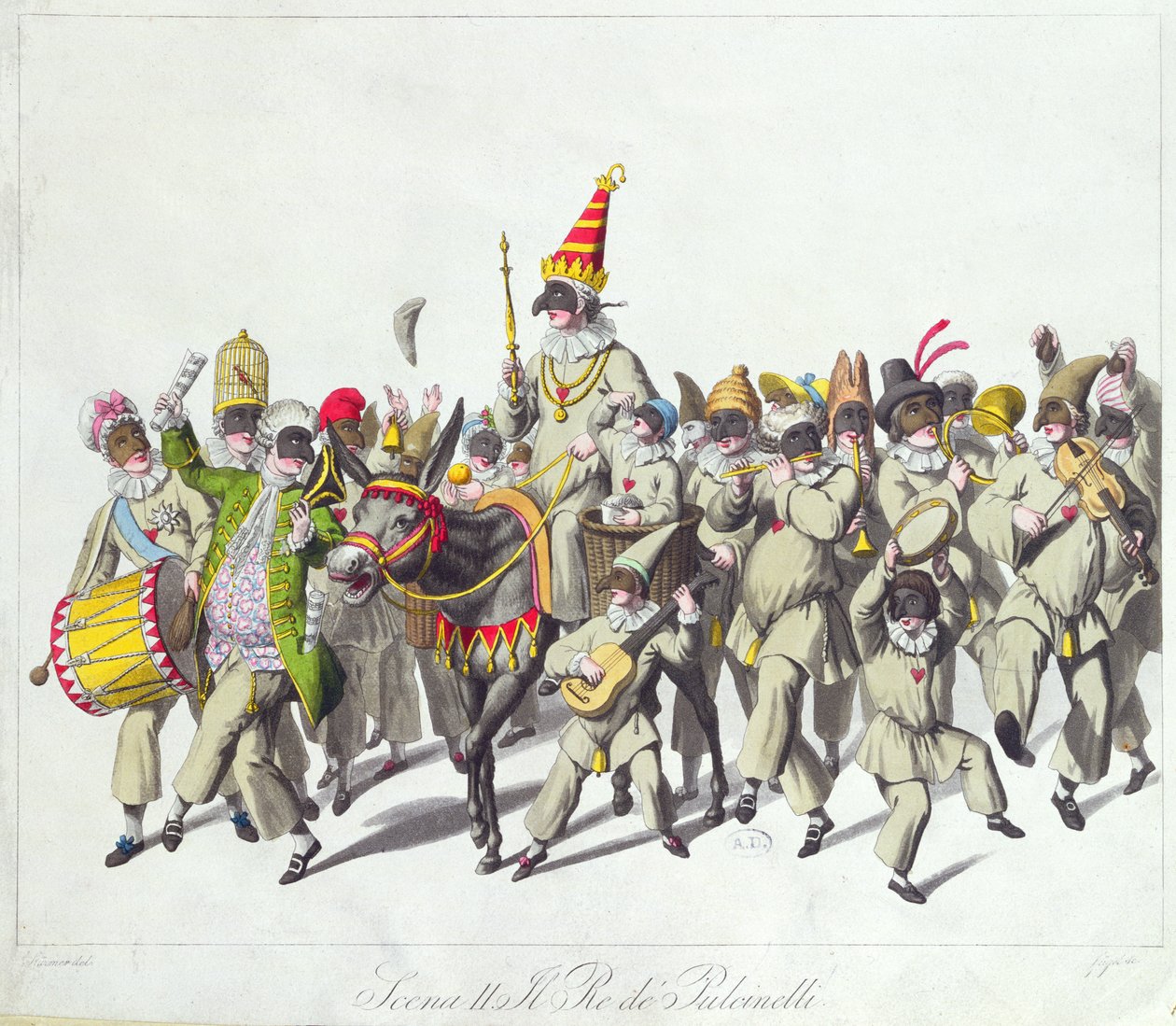 Kong Punchs procession under det romerske karneval, begyndelsen af det 19. århundrede (farvestik) af Johann Heinrich Stuermer