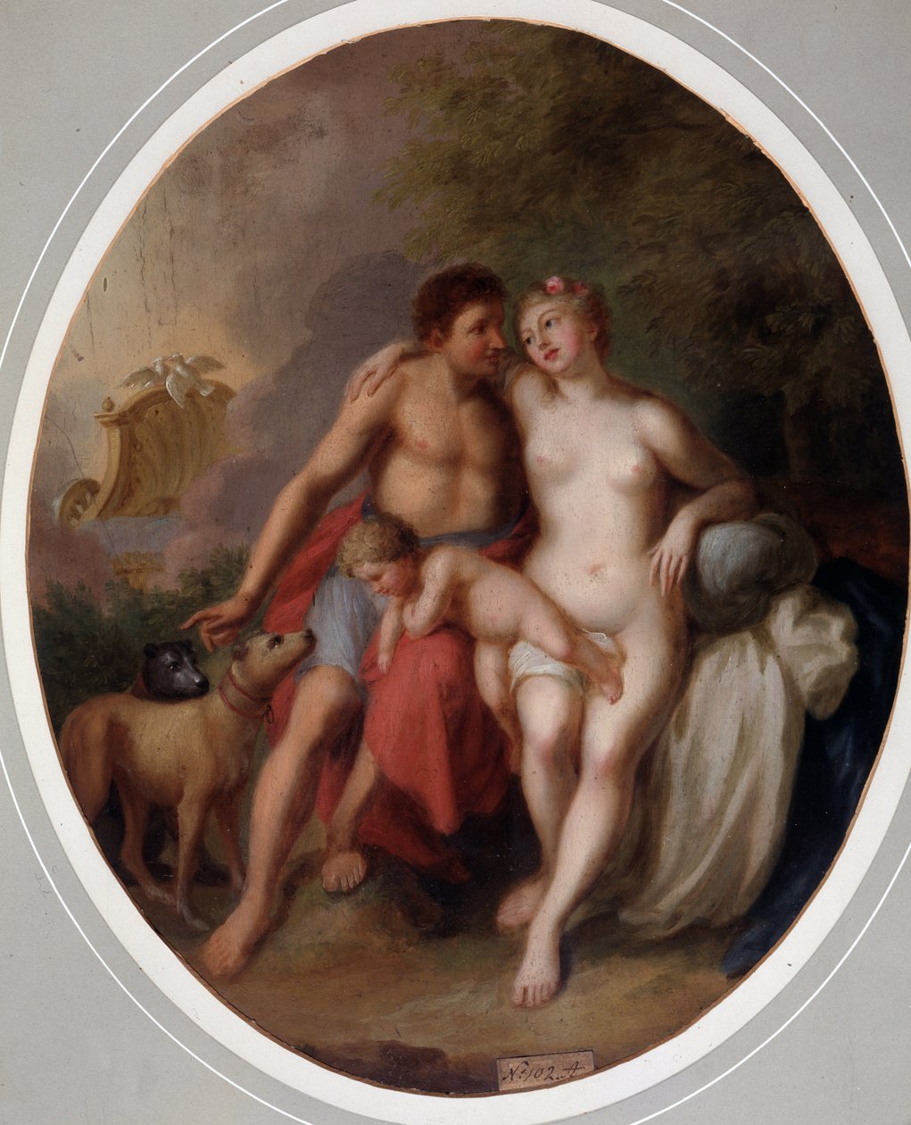 Venus et Adonis (Venus og Adonis). Maleri af Johann Heinrich Wilhelm Tischbein (1751-1829) (også omtalt som Goethe-Tischbein eller Goethe Tischbein). Huile sur toile af Johann Heinrich Tischbein