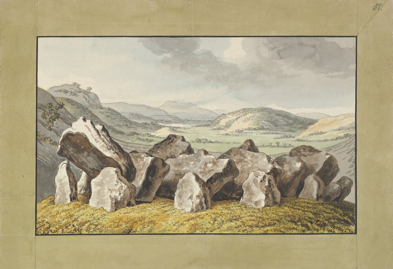 En forhistorisk stencirkel på en høj, et vidtstrakt landskab hinsides, midten af det 18.-begyndelsen af det 19. århundrede. af Johann Heinrich Wilhelm Tischbein