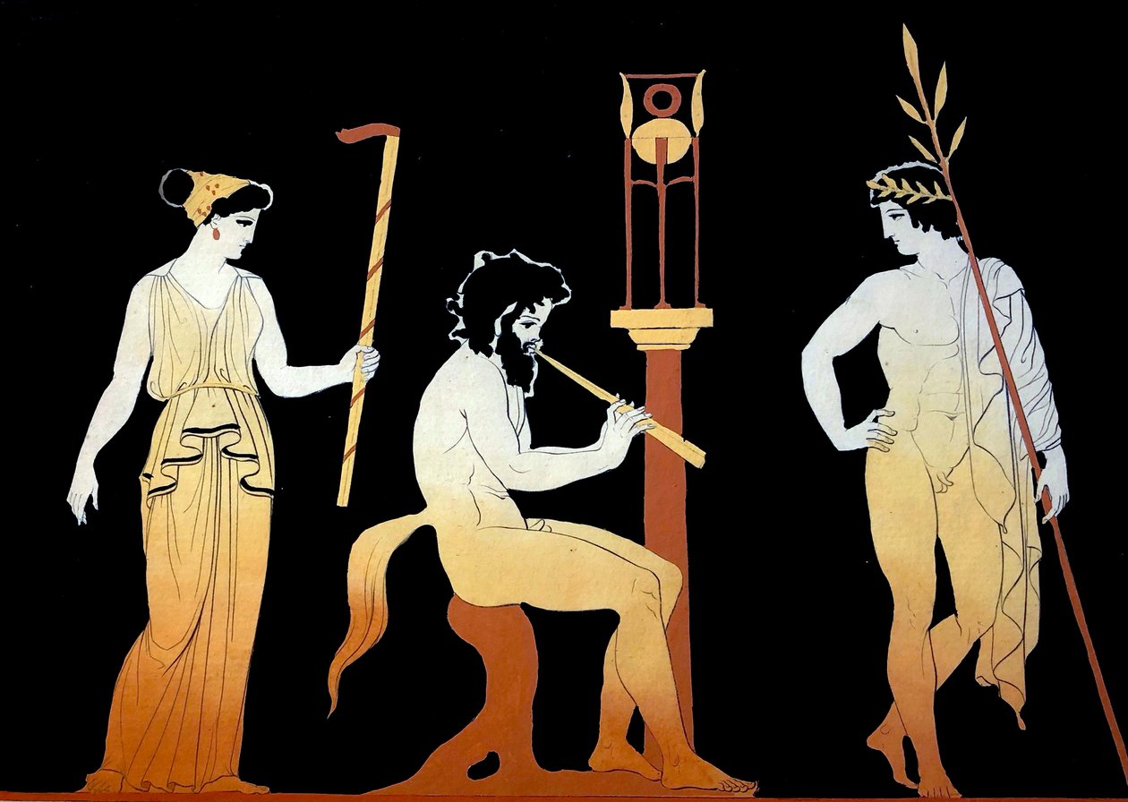 Tallerken, der viser en kronet spilvinder, der lytter til en Satyr, der spiller på fløjte c.1796 (Kobberpladegravering) af Johann Heinrich Wilhelm Tischbein
