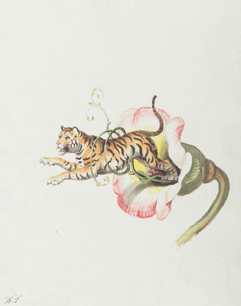 Tiger hopper fra en blomsterkrone. Allegori om blomsterfrø, 1817. af Johann Heinrich Wilhelm Tischbein