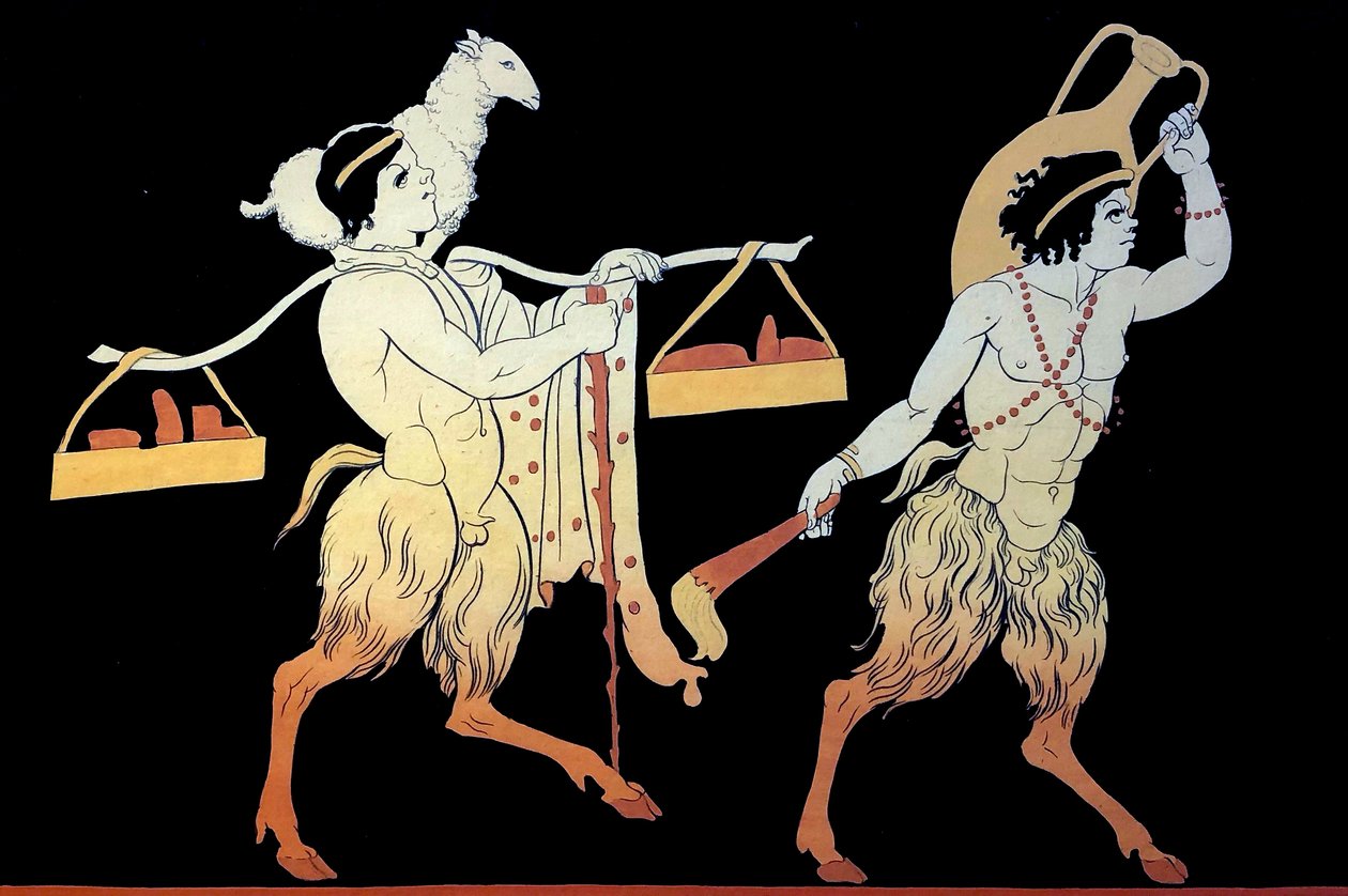 To fauner, der bærer hyldest og offer til Dionysia-festivalen ved hjælp af en bærestang.1796 (Kobberpladegravering) af Johann Heinrich Wilhelm Tischbein