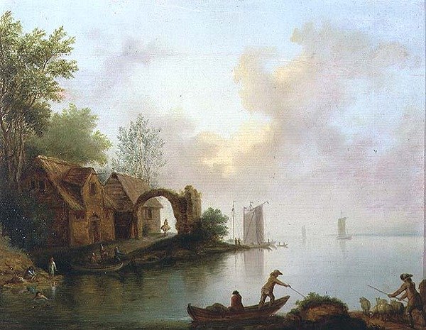 Skovklædt flodlandskab med bådmænd af Johann Heinrich Wust