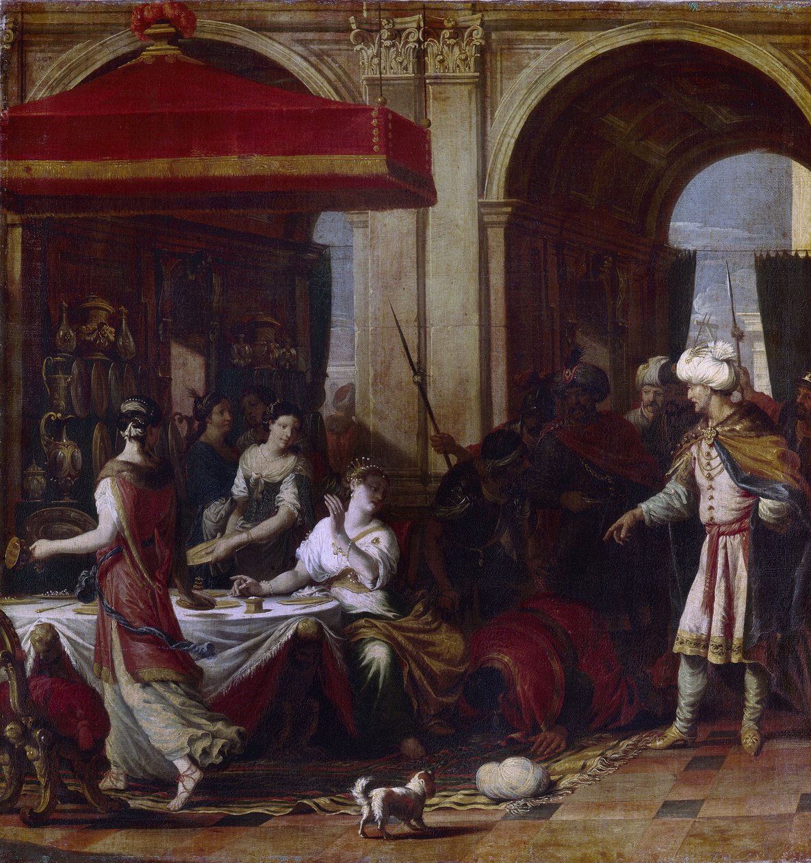 Esthers festmåltid (Esters festmåltid). Esther (Hadassah bat Avihail) kone til Assuerus, konge af Persien (Xerxes I, 519-465 f.Kr.), efter vesiren Hamans dekret om at udrydde rigets jøder, inviterede hun de to mænd til en banket, hvor hun af Johann Heiss