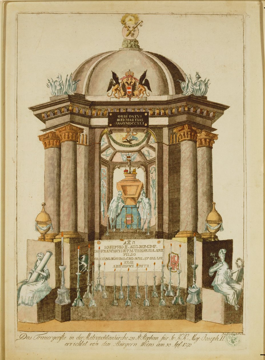 Begravelsesmonument (Castrum Doloris) rejst af borgerne i Wien til requiem-messen for kejseren (kobberstik) af Johann Hieronymus Loeschenkohl