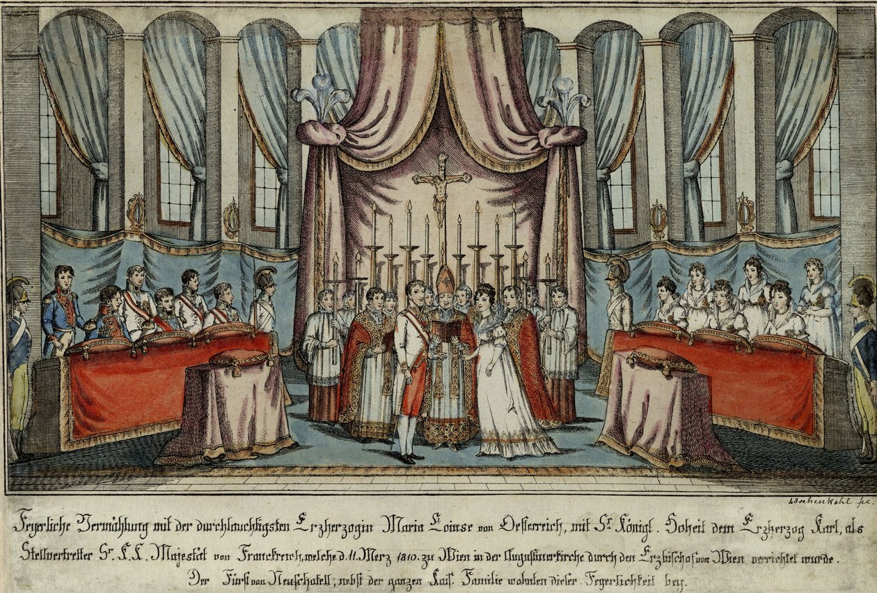Marie-Louise giftede sig med Napoleon ved fuldmagt i Wien, hvor ærkehertug Charles træder ind for Napoleon, 18. af Johann Hieronymus Loeschenkohl