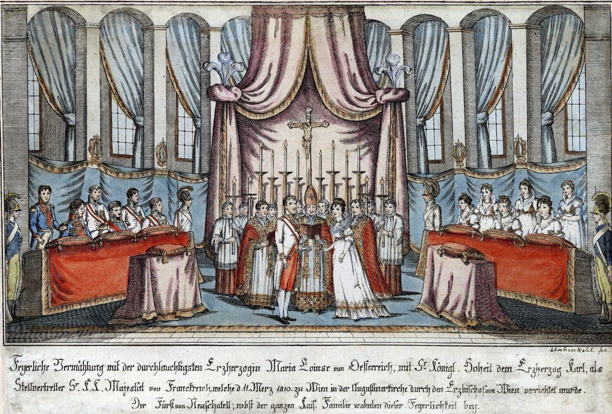 Marie-Louise giftede sig med Napoleon ved fuldmagt i Wien, hvor ærkehertug Charles træder ind for Napoleon - Loeschenkohl, Johann Hieronymus (1753-1807) - 1810 - Radering, akvarel - 33,4x44,5 - Privat samling af Johann Hieronymus Loeschenkohl