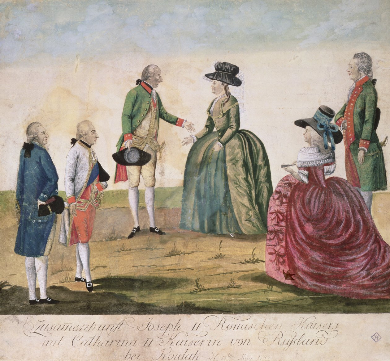 Møde mellem Josef II af Tyskland (1741-90) og kejserinde Katarina den Store (1729-96) i Koidak, 18. maj, 1787 (farvet kobberstik) af Johann Hieronymus Loeschenkohl