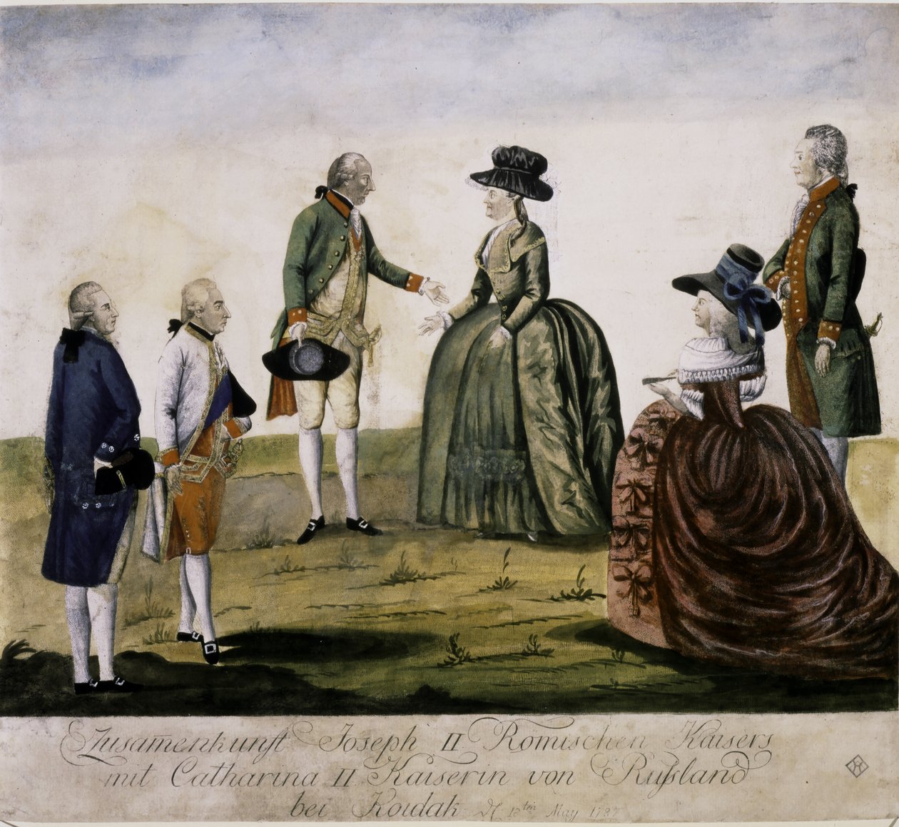 Møde mellem Katarina II og Josef II ved Dnepr på Ma... (farvestik) af Johann Hieronymus Loeschenkohl