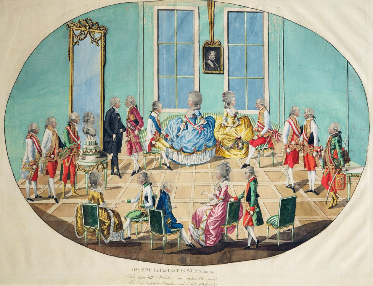 Nytårsfejring i Wien i 1782, 1783 (kobberstik med wc) af Johann Hieronymus Loeschenkohl