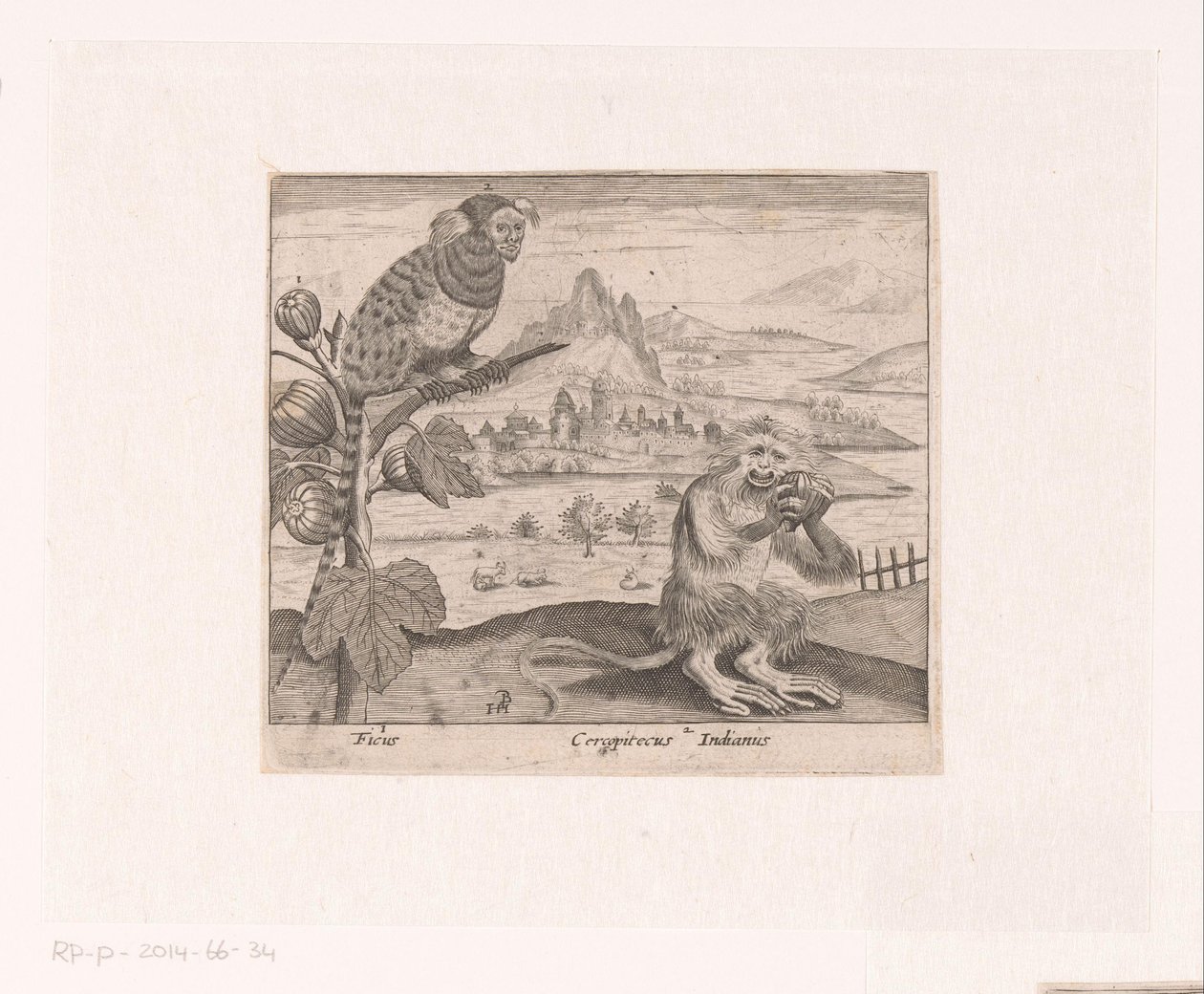 Serie af tryk med blomster og dyr i et landskab Landskab med figentræ og abe Landskaber med dyr, planter og blomster (serietitel) af Johann Hogenberg
