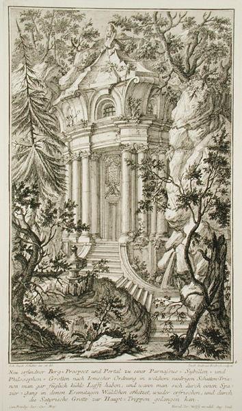 Tempel i en have, graveret af Jacob Andreas Fridrich (1714-79) (kobberstik) af Johann Jacob (after) Schubler