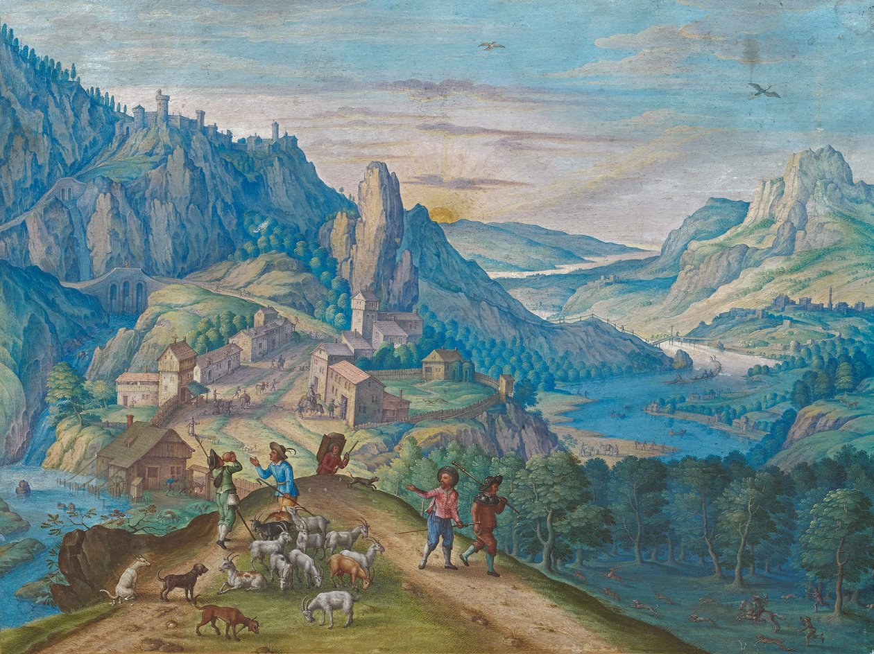 Bjerglandskab ved mørkets frembrud med floddal og figurer, 1640. af Johann Jacob Besserer