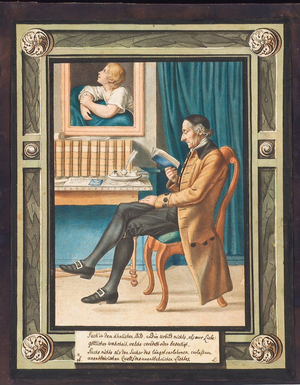 Portræt af Johann Caspar Lavater (1741-1801), i profil til venstre, siddende og læser en bog (akvarel over gravering) af Johann Jacob Lips