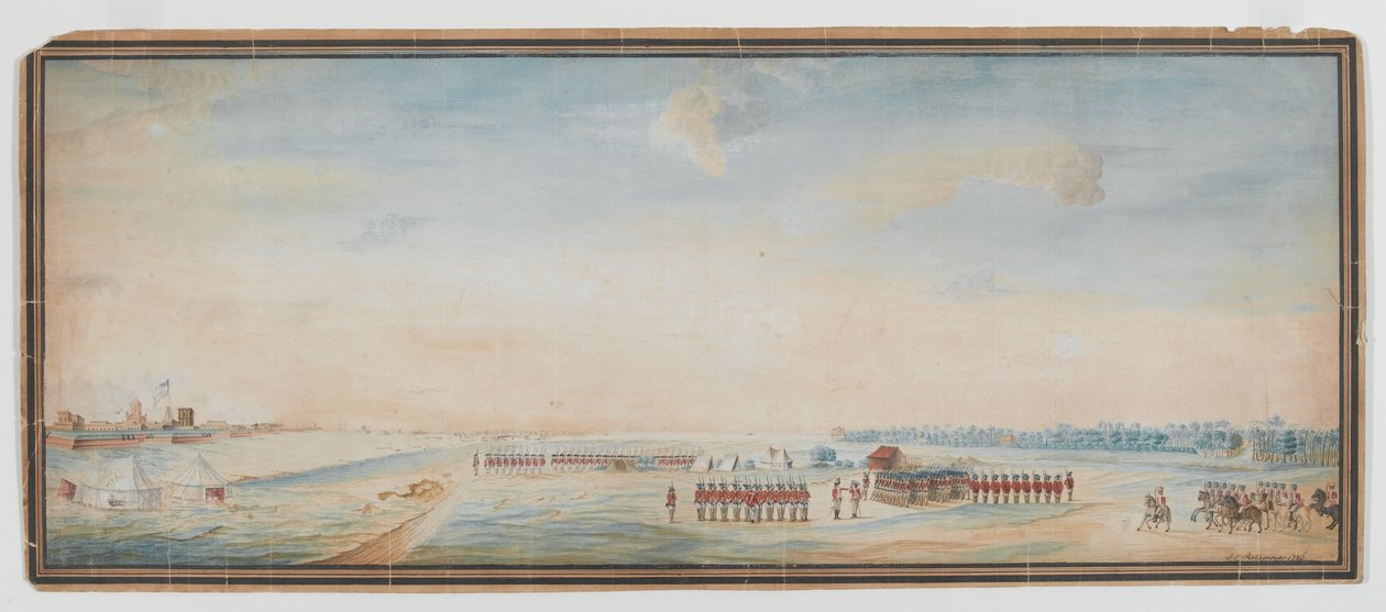 Britisk infanteri, indfødt infanteri og indfødt kavaleri borer uden for Fort St George, Madras af Johann Jacob Ludewig Rothmeyer