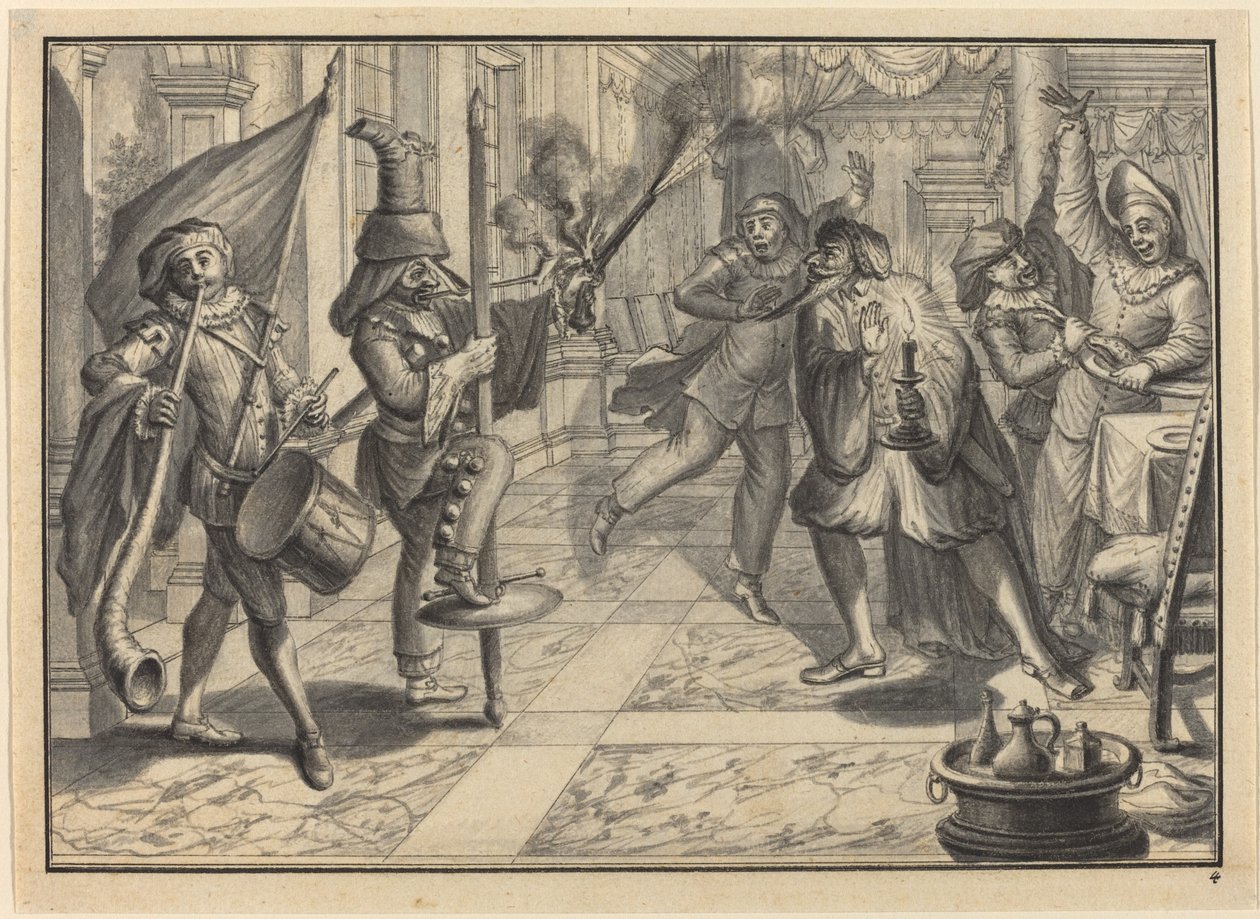 Mezzetin og Harlekin, forklædt som kaptajnen, forstyrrer Pantaloons middag af Johann Jacob Schubler
