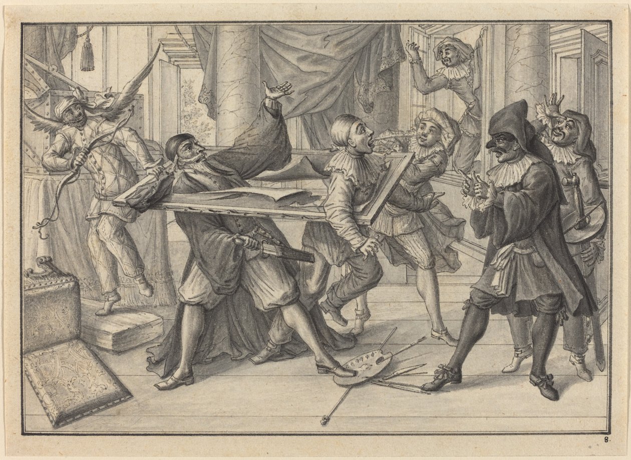 Mezzetin og Harlekin Brug billedrammen til at fange Pantaloon og Pierrot af Johann Jacob Schubler