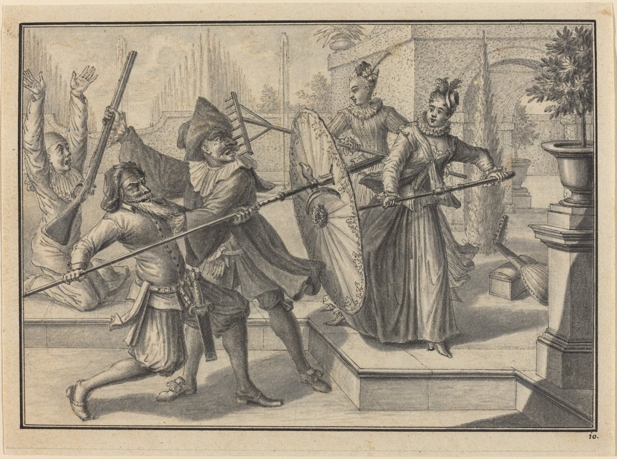 Pantaloon og lægen kæmper med akeleje og brigatella i haven af Johann Jacob Schubler