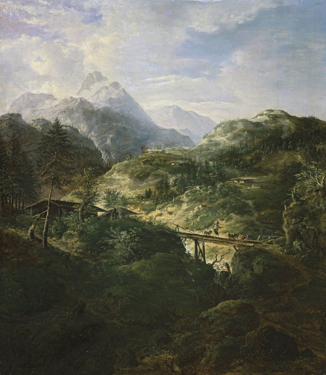 Bjerglandskab med en bro af Johann Jakob Dorner der Jüngere