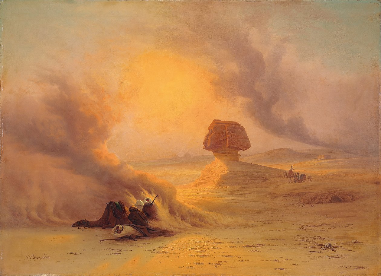 En karavane fanget i Sinum-vinden nær Gizah af Johann Jakob Frey