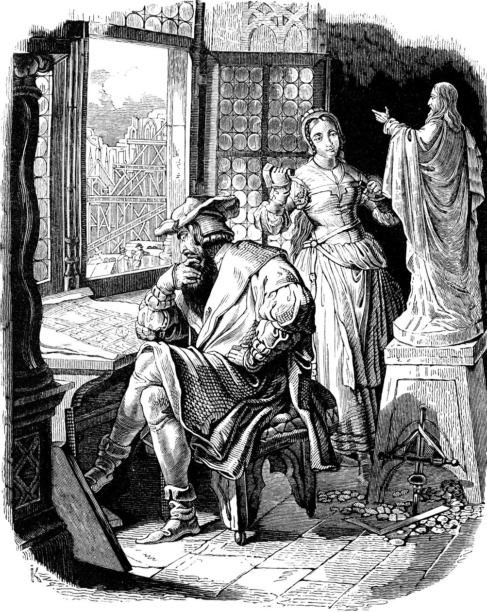 Arkitekt Erwin von Steinbach med sin datter Sabina Illustration fra det tyske folks historie af E. Duller, 1840 af Johann Jakob Kirchhoff