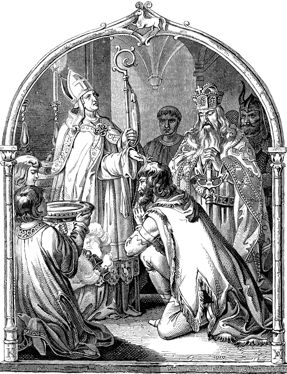 Dåb af den saksiske leder Widukind Illustration fra det tyske folks historie af E. Duller, 1840 af Johann Jakob Kirchhoff