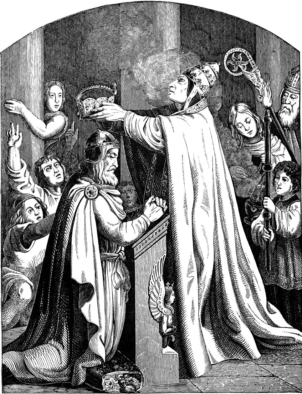 Kroningen af ​​kejser Karl den Store af pave Leo III Illustration fra det tyske folks historie af E. Duller, 1840 af Johann Jakob Kirchhoff