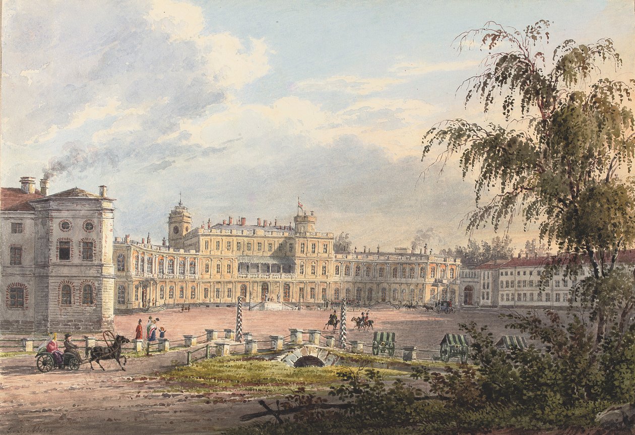 Kejserpaladset, Gatchina (blyant og akvarel forstærket med hvidt og gummi arabicum på papir) af Johann Jakob Meier
